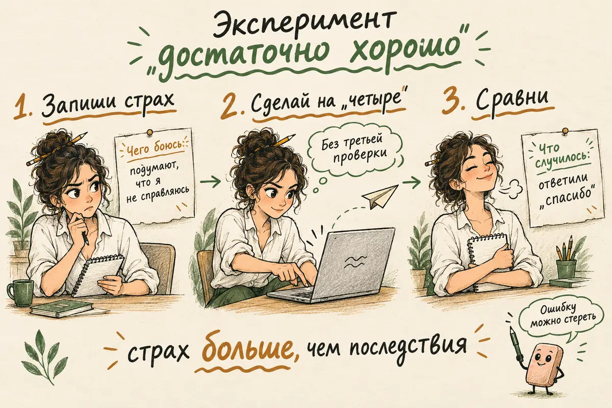 Эксперимент «достаточно хорошо»: героиня отправляет письмо без третьей проверки, рядом записка «чего боюсь» и «что случилось»