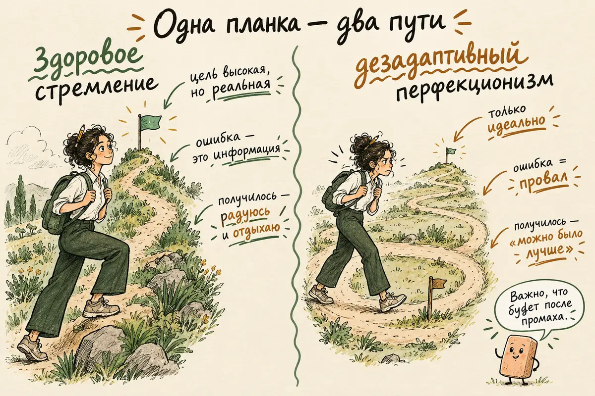 Здоровое стремление и дезадаптивный перфекционизм: одна тропа ведёт к цели и отдыху, другая петляет, а флажок всё время отодвигается