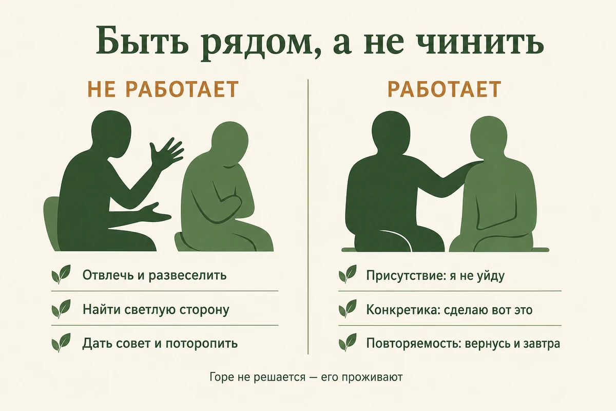 Что не работает при поддержке горюющего — отвлечь, найти светлую сторону, дать совет, и что работает — присутствие, конкретика, повторяемость