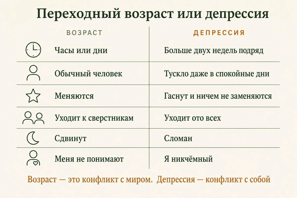 Переходный возраст или депрессия: сравнение по длительности, интересам, друзьям, сну, учёбе и отношению к себе
