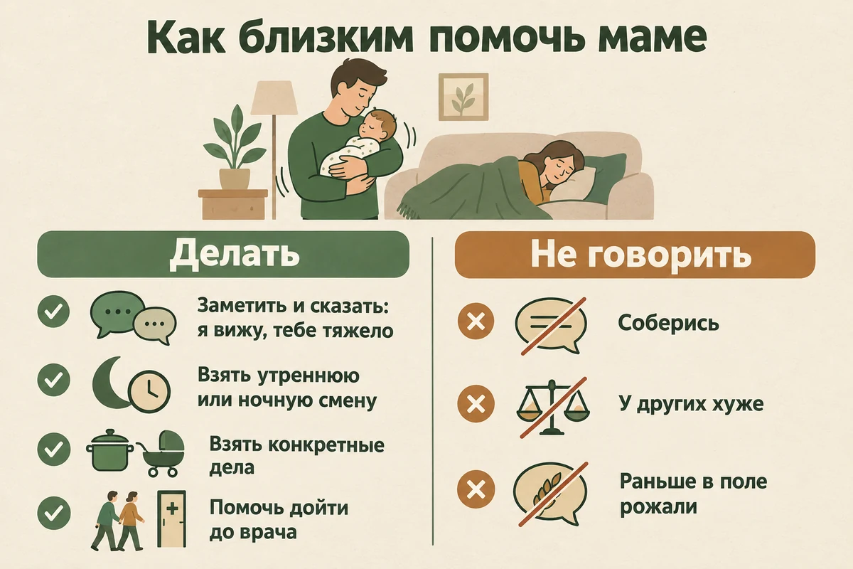 Как близким помочь при послеродовой депрессии: замечать перемены, говорить без упрёка, брать на себя конкретные дела, защищать отдых, помочь дойти до врача