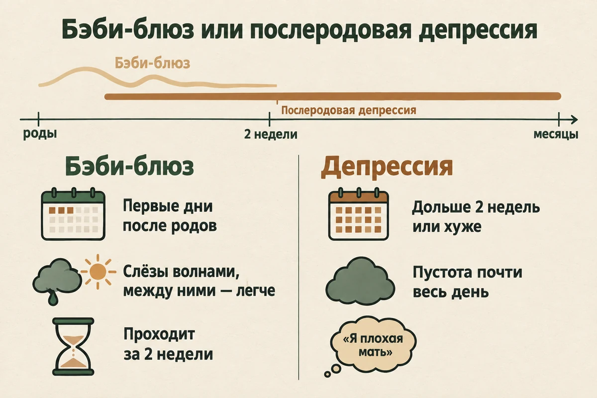 Бэби-блюз и послеродовая депрессия: чем отличаются по времени начала, длительности, настроению и мыслям о себе