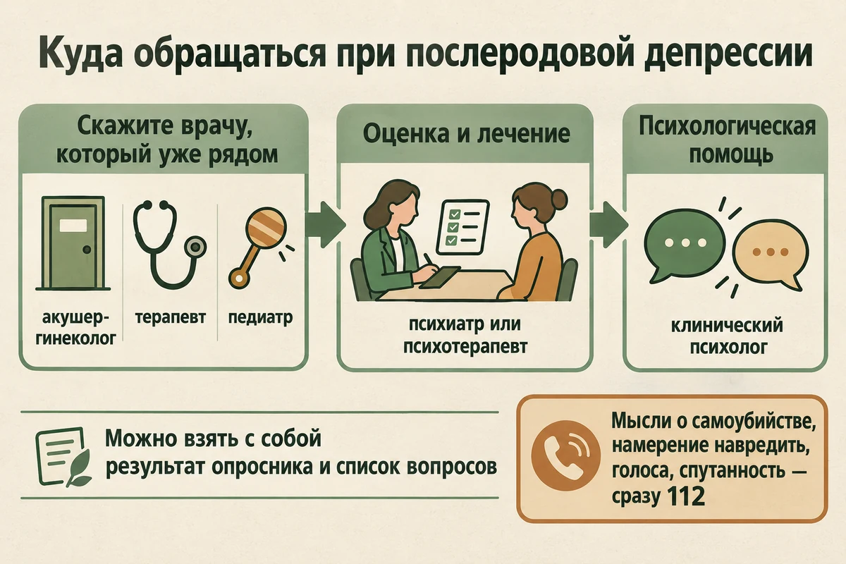 Куда обращаться при послеродовой депрессии: сказать акушеру-гинекологу, терапевту или педиатру, затем психиатр или психотерапевт и психолог; при мыслях о самоубийстве или психозе — 112