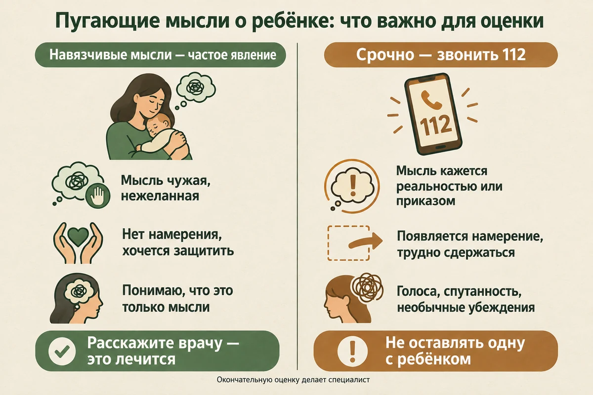 Навязчивые мысли о ребёнке и повод для срочной помощи: нежелательные мысли без намерения при сохранённой связи с реальностью — против намерения, голосов и спутанности