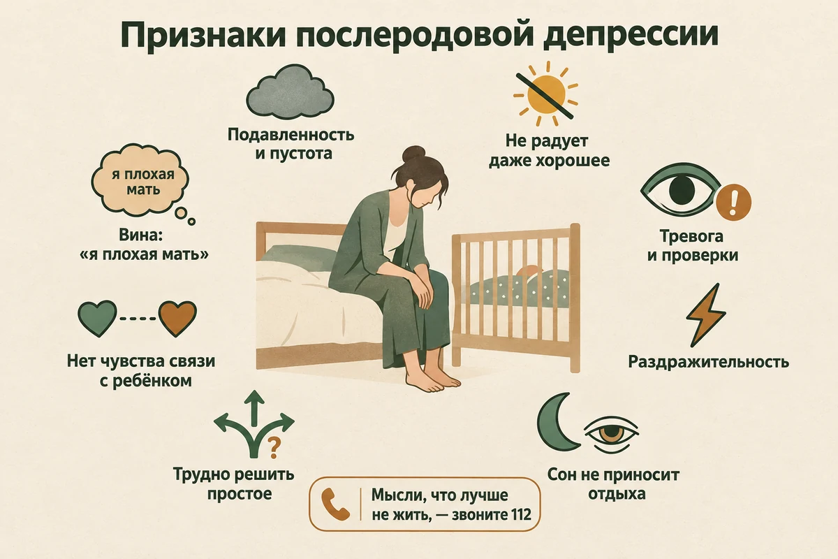 Признаки послеродовой депрессии: подавленность, пропавшая радость, вина и мысли «я плохая мать», тревога, раздражительность, сон без отдыха, трудности со связью с ребёнком