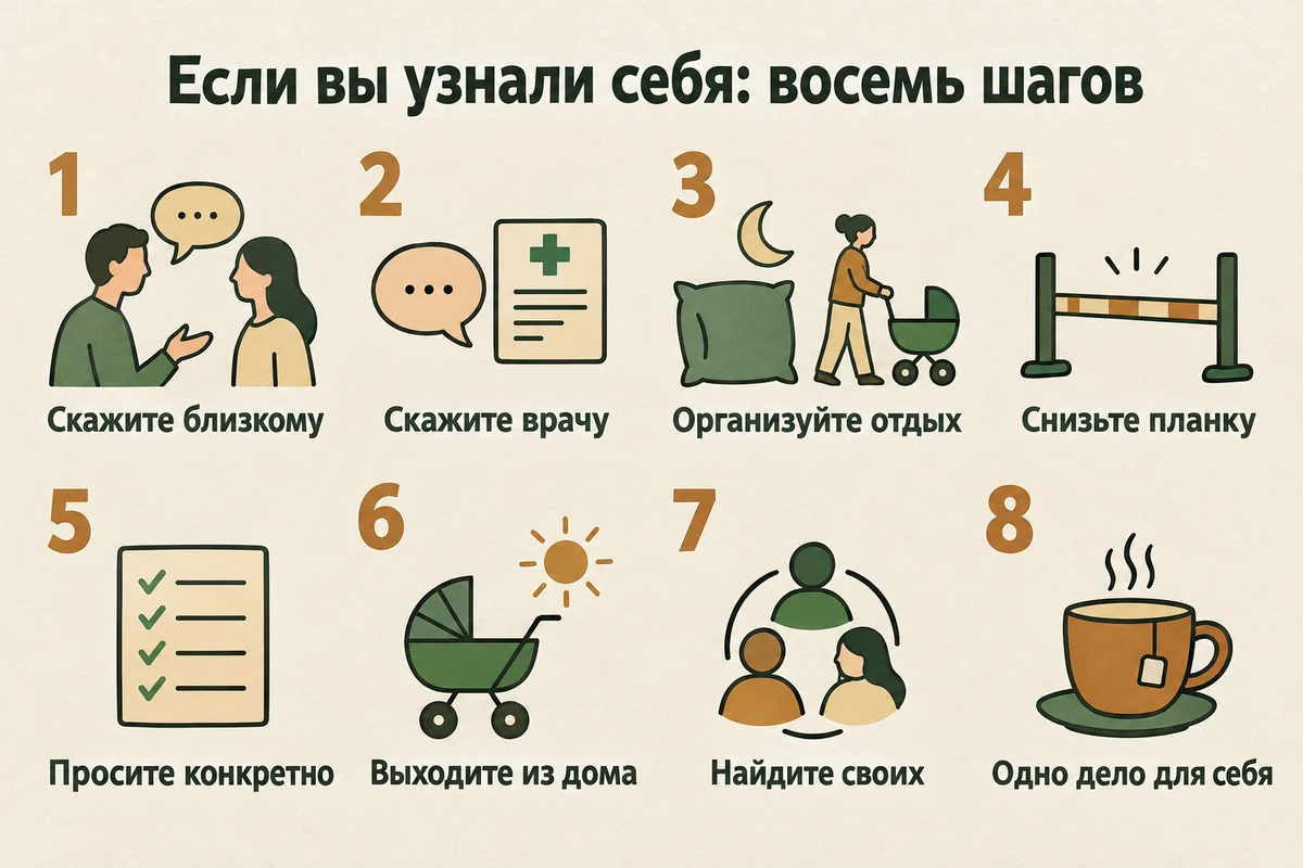 Восемь шагов при послеродовой депрессии: сказать близкому, сказать врачу, организовать отдых, снизить планку, просить конкретно, выходить из дома, найти своих, одно дело для себя