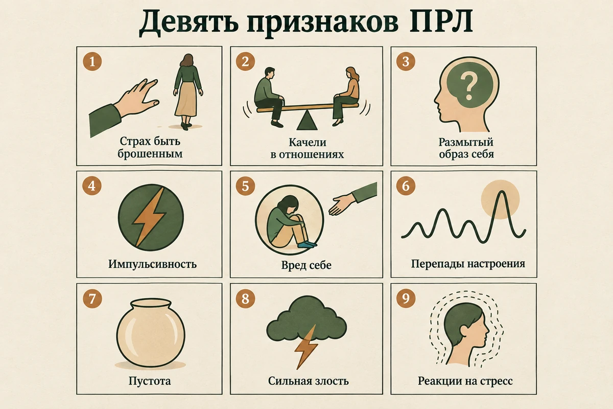 9 признаков ПРЛ: страх быть брошенным, качели в отношениях, размытый образ себя, импульсивность, вред себе, перепады настроения, пустота, сильная злость, реакции на стресс