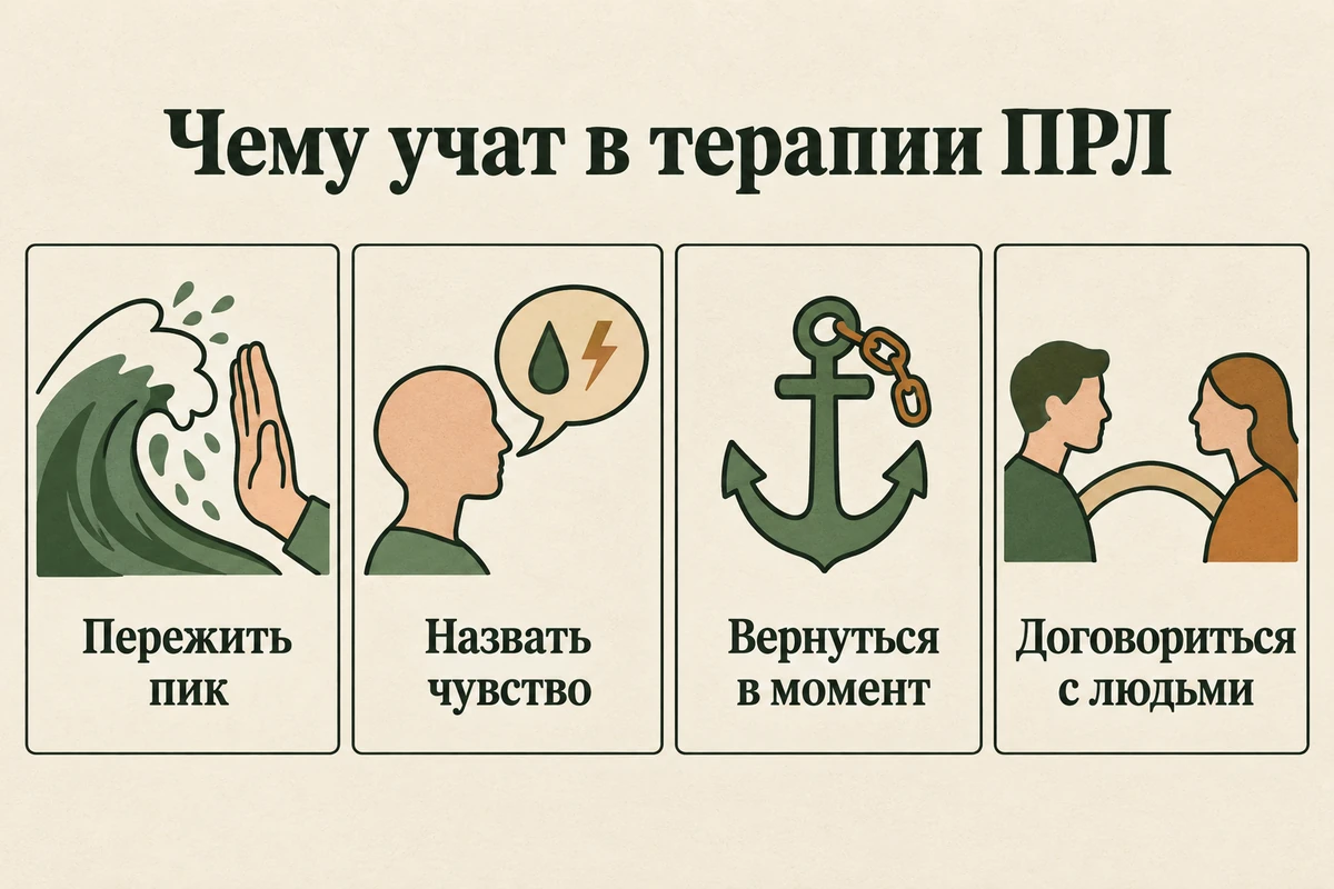 Чему учат в терапии ПРЛ: пережить пик, назвать чувство, вернуться в момент, договориться с людьми