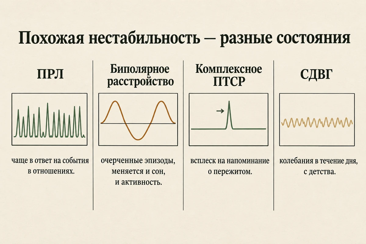Чем пограничное расстройство отличается от биполярного расстройства, комплексного ПТСР и СДВГ: что запускает перемены и сколько они держатся