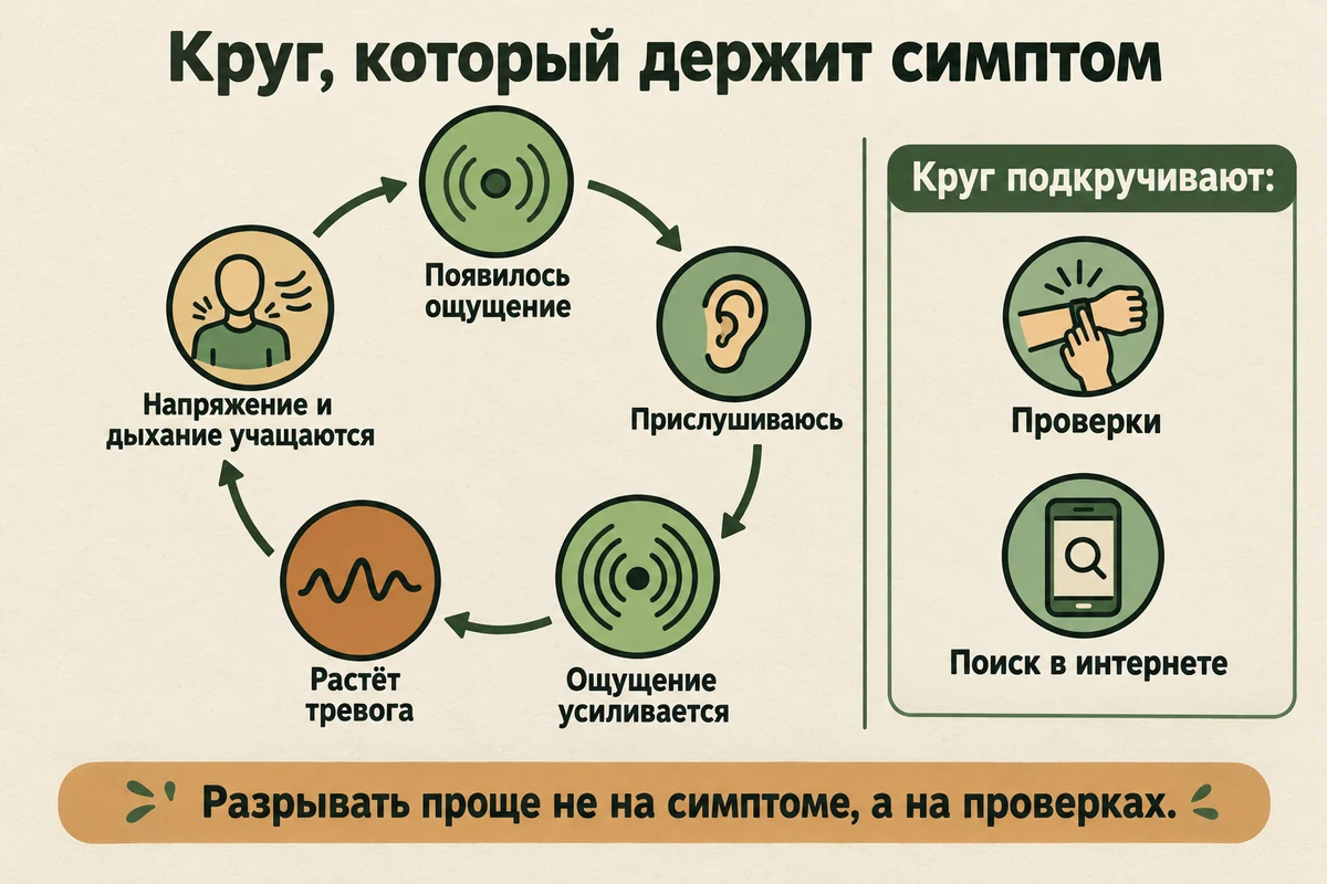 Круг психосоматического симптома: ощущение, внимание, тревога, напряжение и усиление симптома