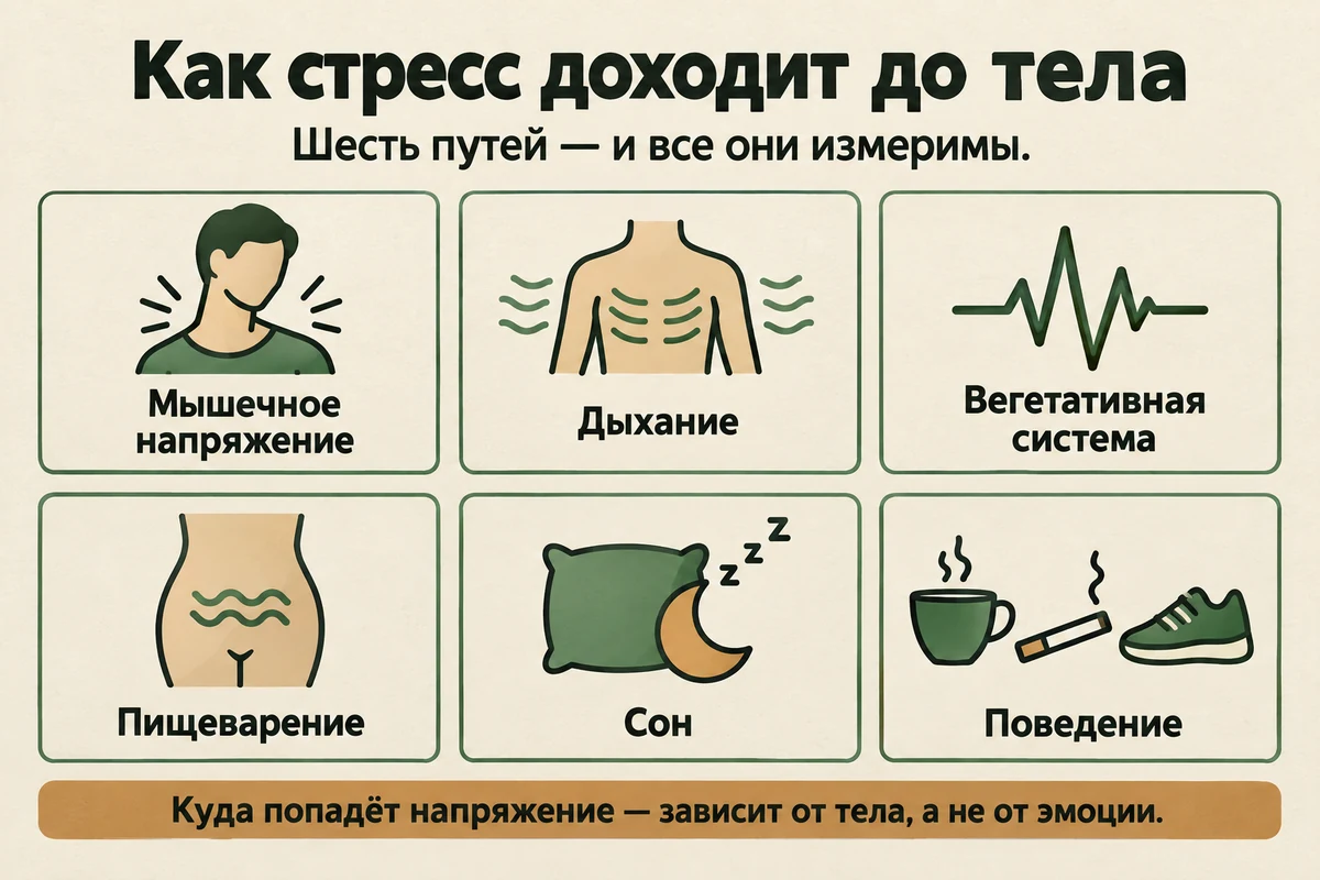 Как стресс доходит до тела: мышечное напряжение, дыхание, вегетативная нервная система, пищеварение, сон и поведение