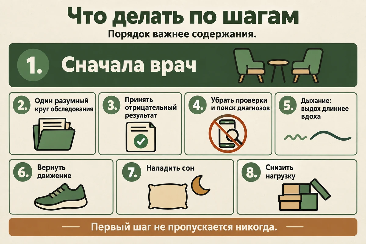 Восемь шагов при психосоматических симптомах: врач, разумный объём обследования, отказ от проверок, дыхание, движение, сон, снижение нагрузки