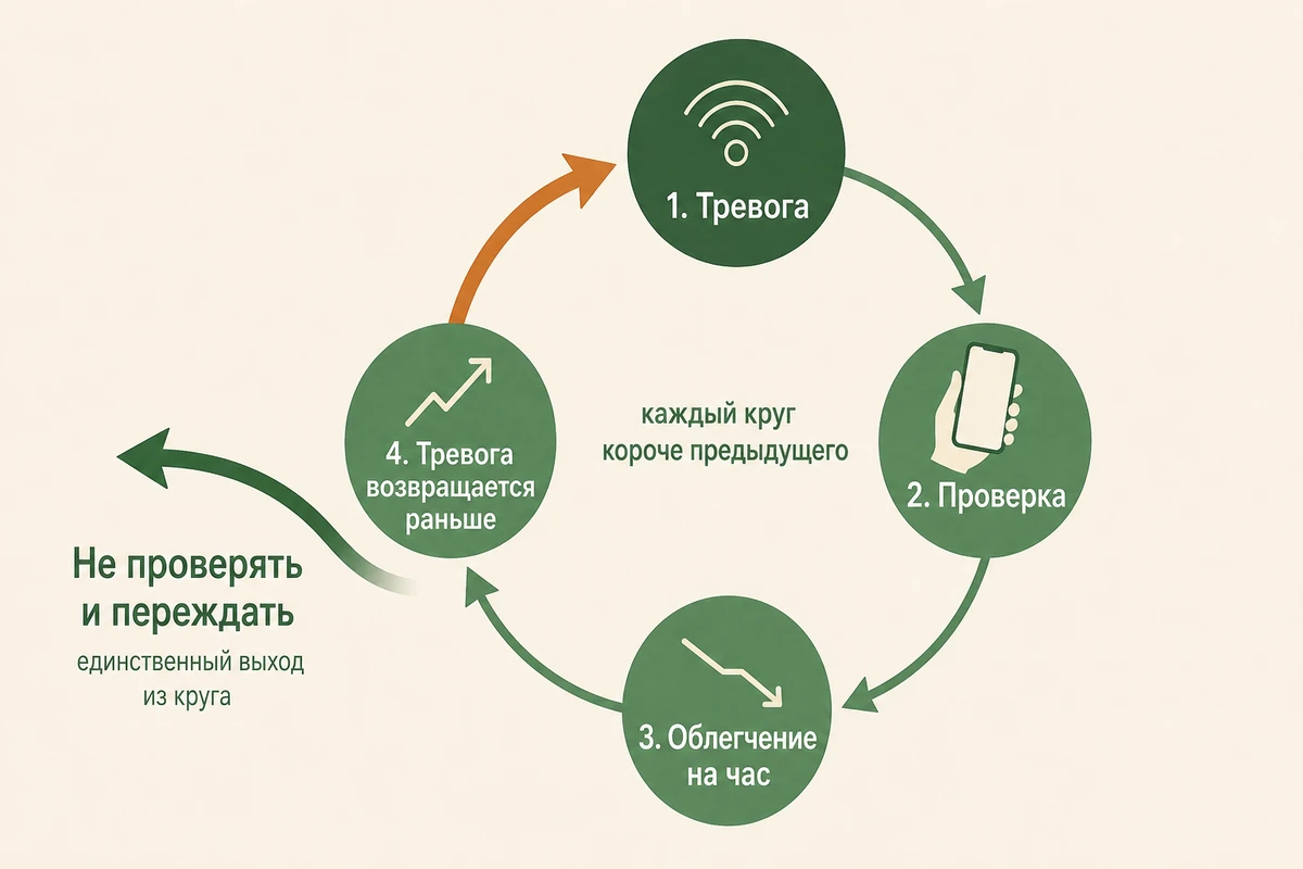 Круг проверок при ревности: тревога, проверка, короткое облегчение, рост потребности в следующей проверке