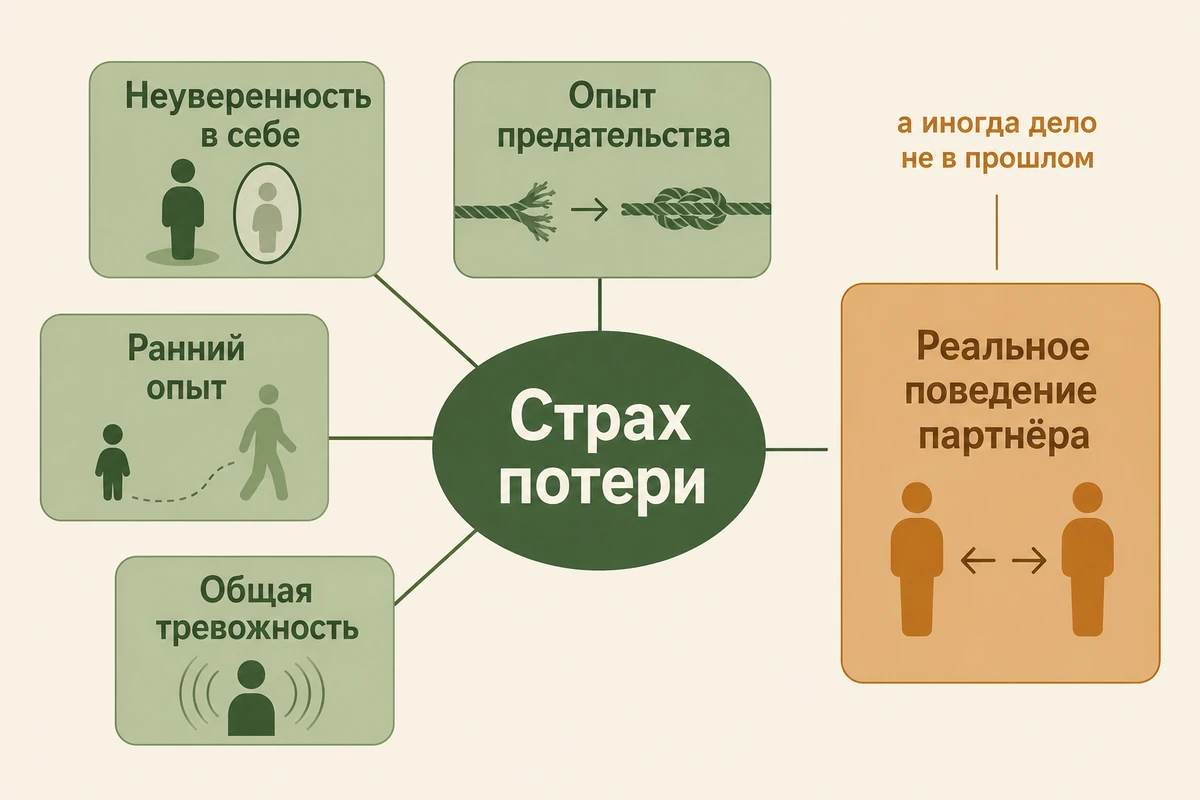 Пять источников ревности: неуверенность в себе, опыт предательства, ранний опыт, общая тревожность и реальное поведение партнёра