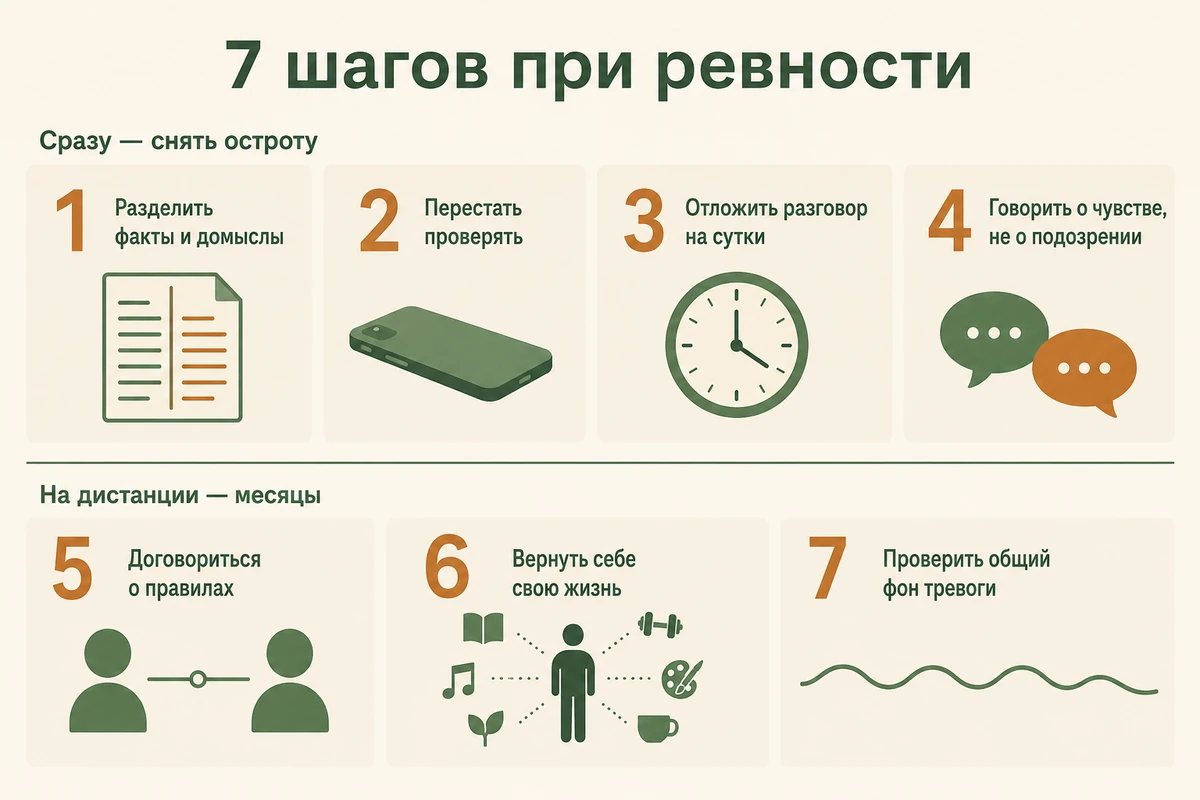 Семь шагов при ревности: разделить факты и домыслы, не проверять, отложить разговор, говорить о чувстве, договориться о правилах, вернуть свою жизнь, проверить фон тревоги