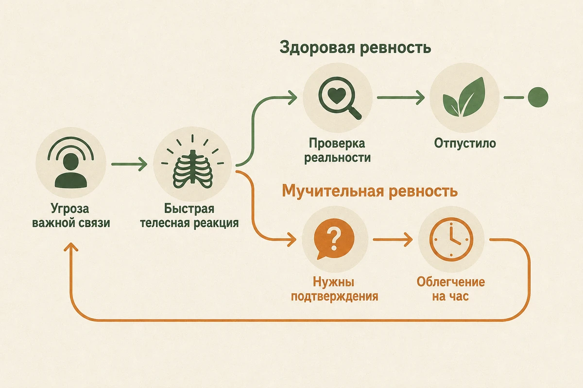 Схема: ревность как сигнальная система — угроза связи, быстрая телесная реакция, проверка реальности