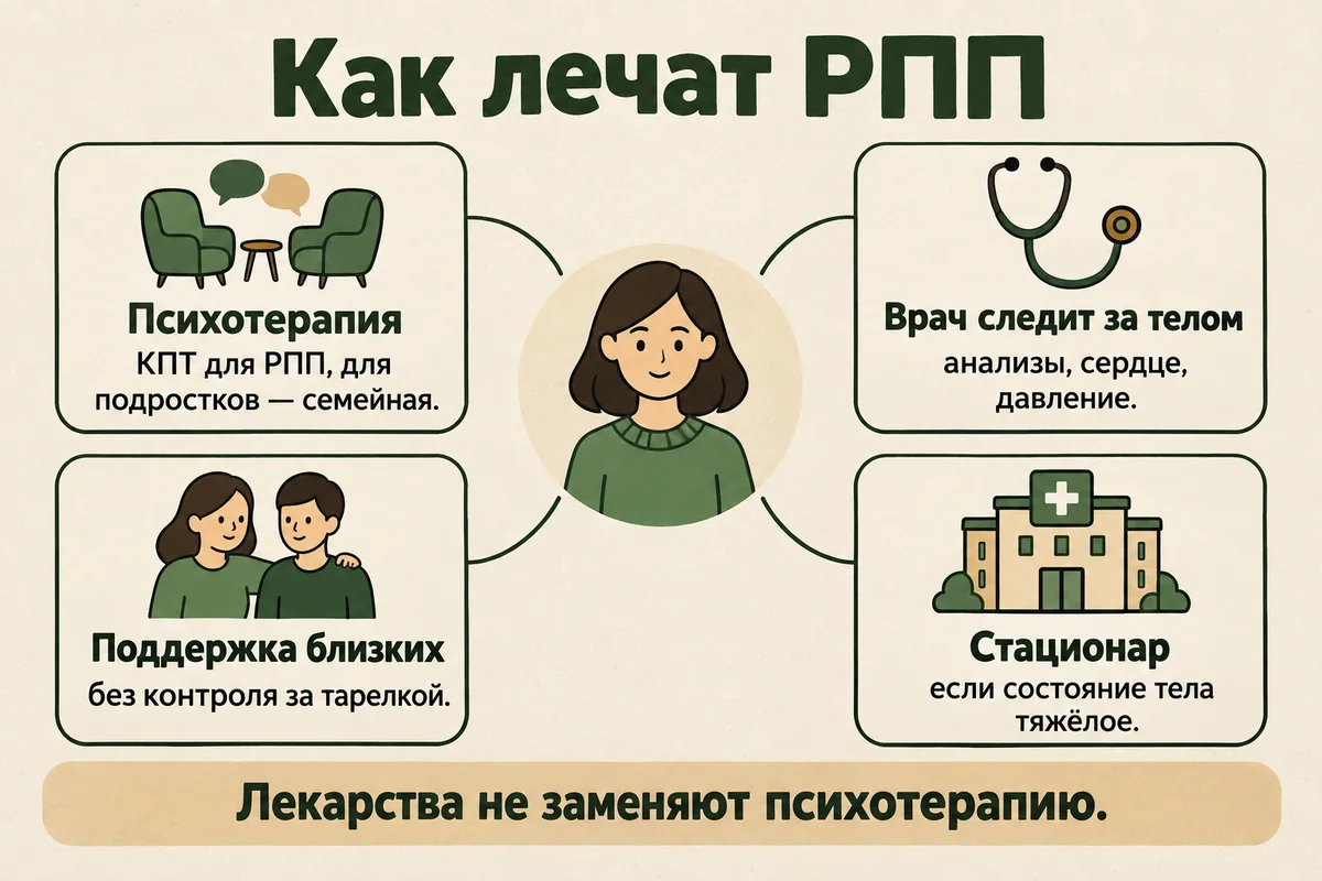Как лечат расстройства пищевого поведения: психотерапия, наблюдение врача, поддержка близких и при необходимости стационар
