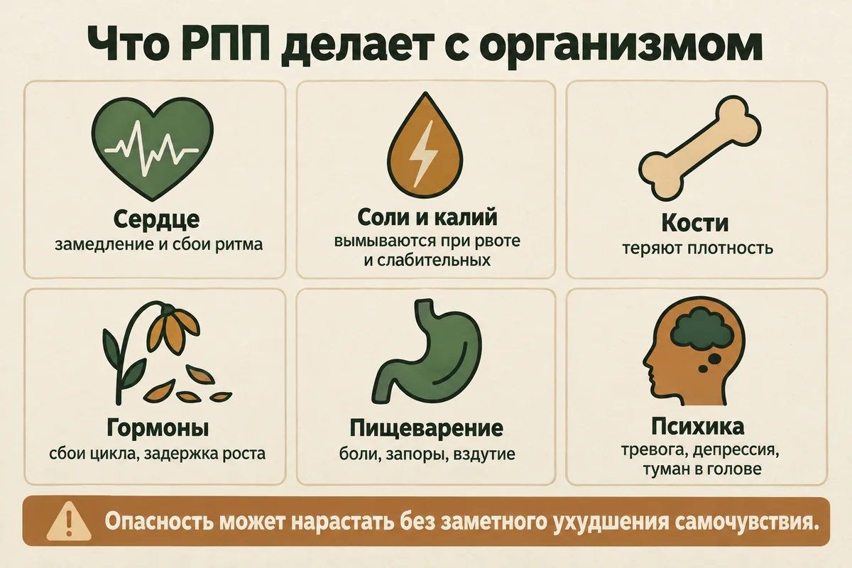 Чем опасны расстройства пищевого поведения для организма: сердце, соли и калий, кости, гормоны, пищеварение и психика