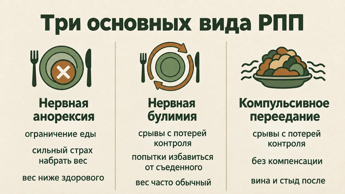 Виды расстройств пищевого поведения: нервная анорексия, нервная булимия и компульсивное переедание