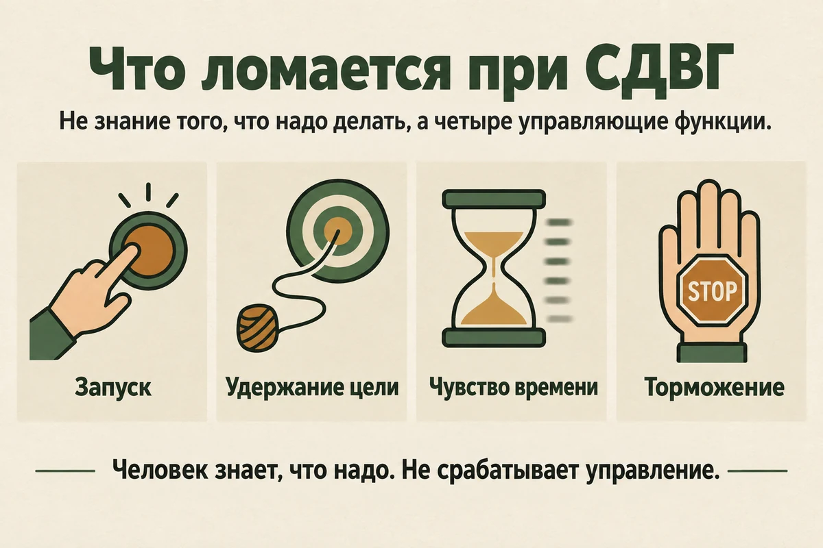 Что ломается при СДВГ: запуск действия, удержание цели, оценка времени и торможение импульса