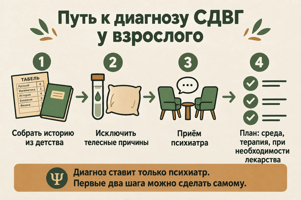 Путь к диагнозу СДВГ у взрослого в России: подготовка истории из детства, исключение телесных причин, приём психиатра, план помощи