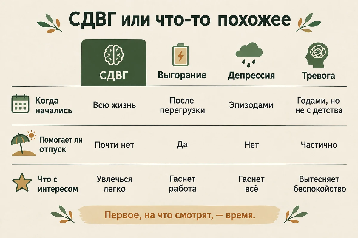 Чем СДВГ у взрослых отличается от выгорания, депрессии, тревоги и недосыпа: сравнение по началу, интересу, сну и отпуску