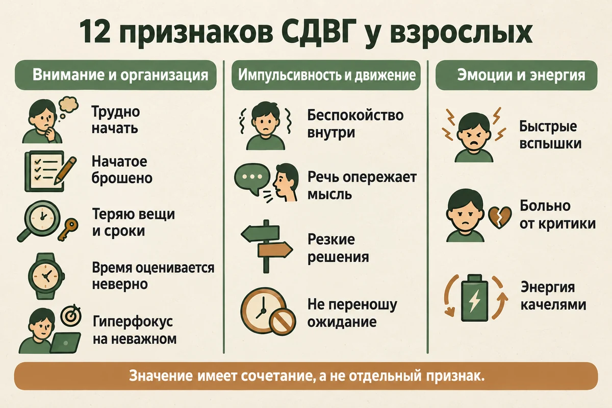 12 признаков СДВГ у взрослых по трём группам: внимание и организация, импульсивность и движение, эмоции и энергия