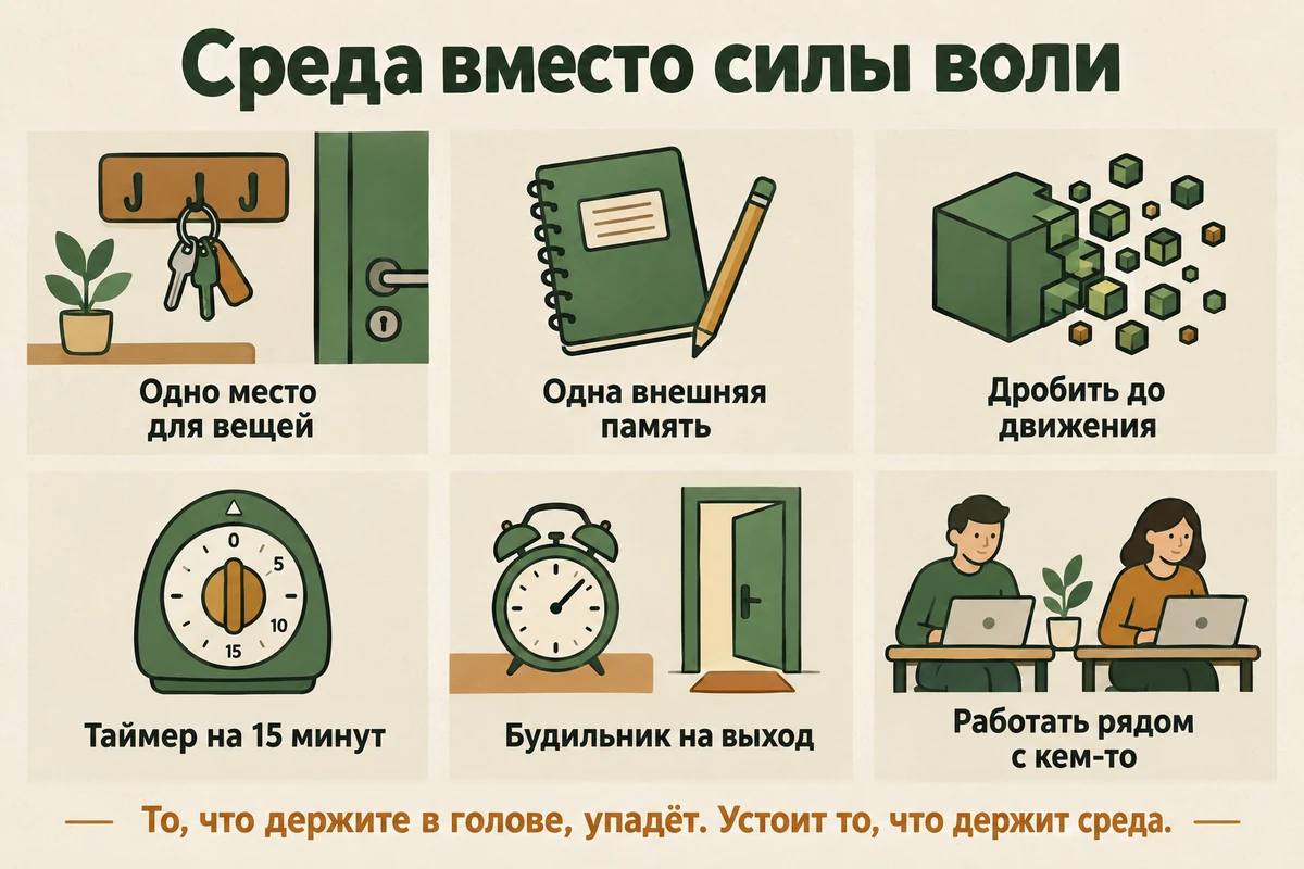 Среда вместо силы воли при СДВГ: одно место для вещей, внешняя память, дробление задач, таймер на 15 минут, работа рядом с другим человеком