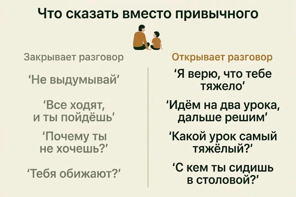 Что говорить и чего не говорить ребёнку, который не хочет в школу: фразы, которые закрывают, и фразы, которые открывают разговор