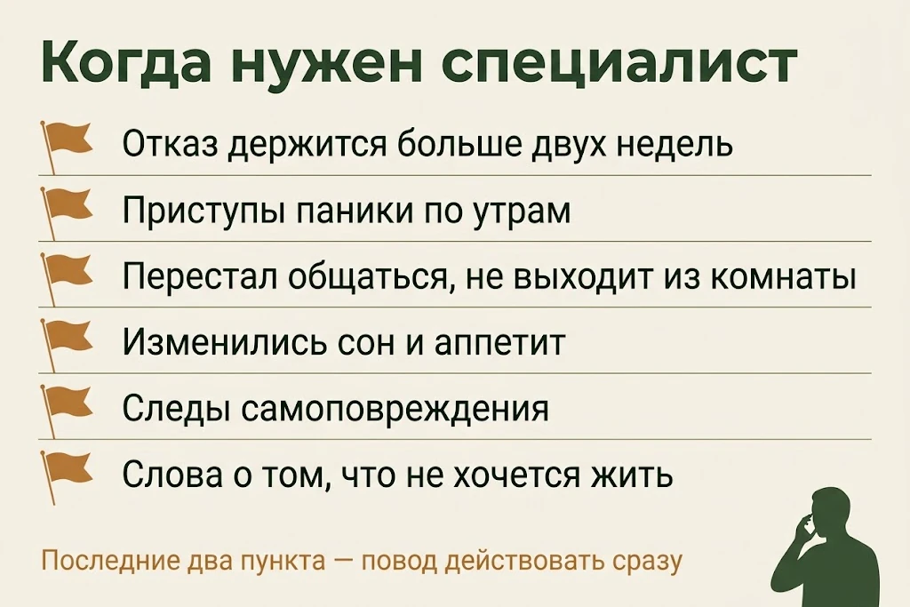Красные флаги: когда отказ идти в школу требует специалиста — паника по утрам, отказ длится больше двух недель, самоповреждение, слова о нежелании жить