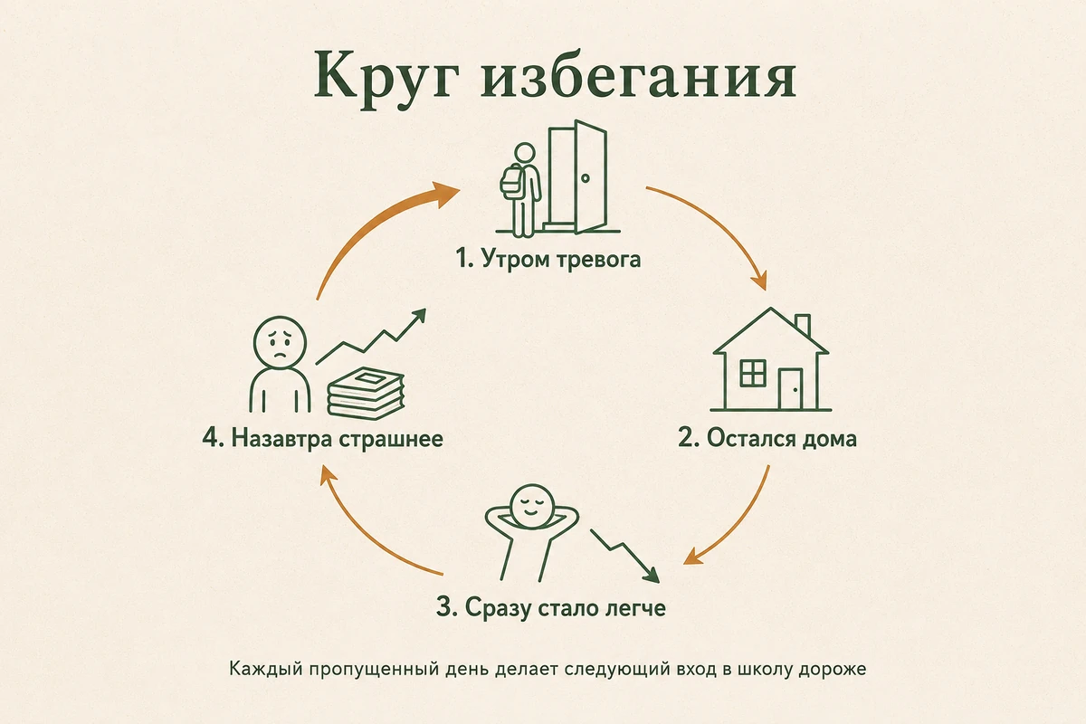 Круг избегания: тревога перед школой, отказ идти, быстрое облегчение, накопление пропущенного, ещё большая тревога назавтра