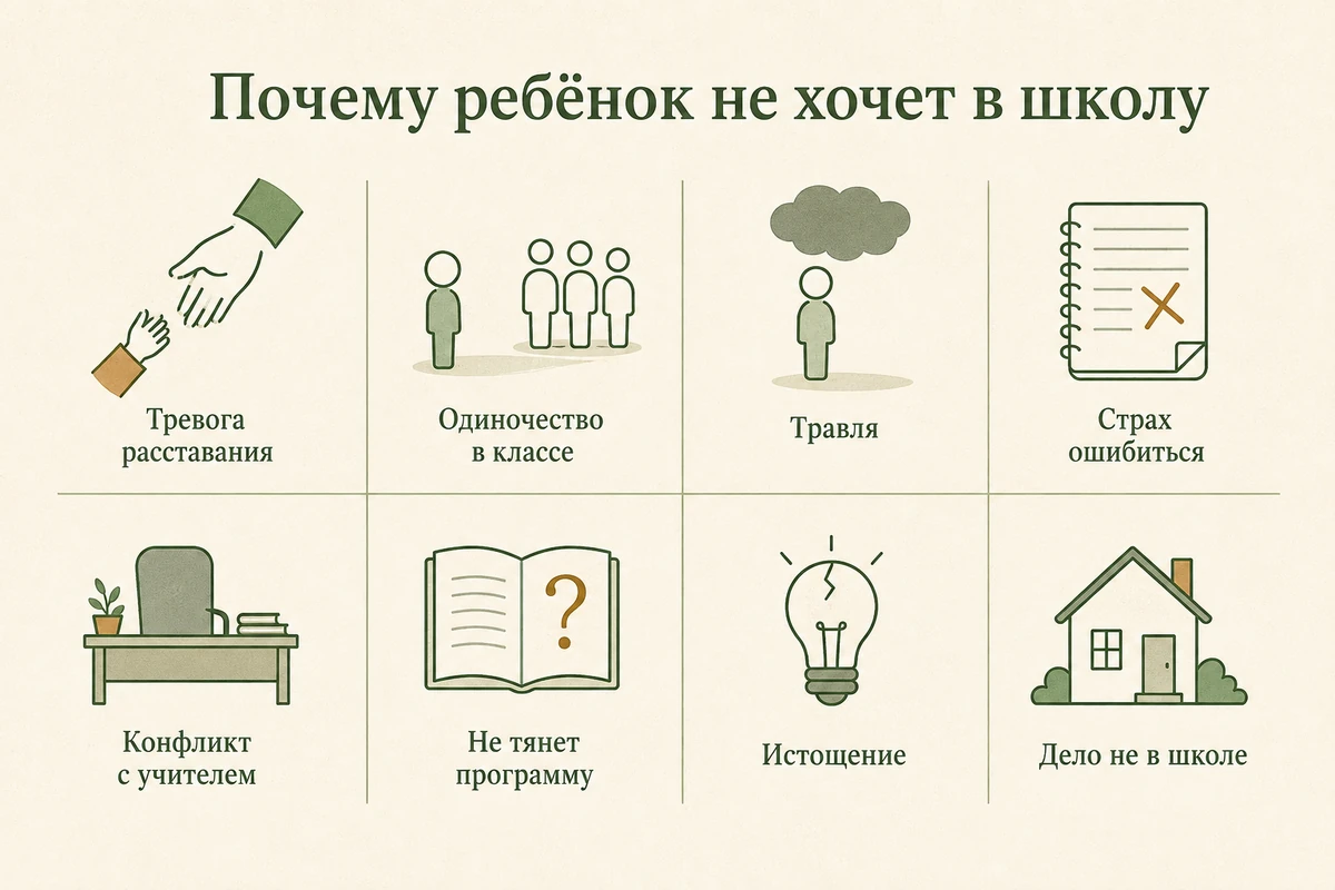 8 причин, почему ребёнок не хочет идти в школу: тревога расставания, одиночество в классе, травля, страх ошибки, конфликт с учителем, неуспеваемость, истощение, проблемы дома