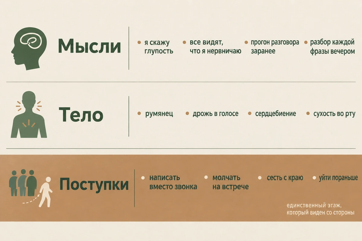 Три этажа социальной тревожности: мысли до и после встречи, телесные реакции и избегание в поступках