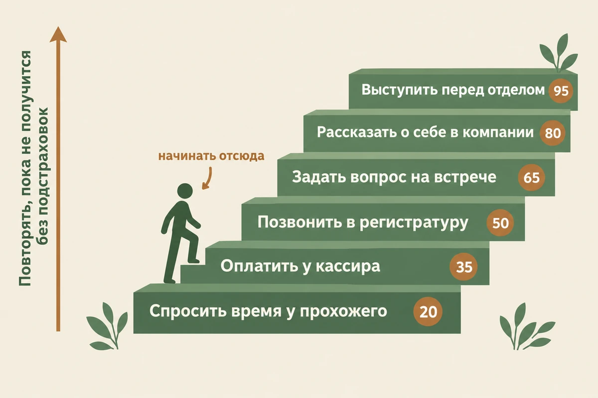 Лестница экспозиции при социальной тревожности: от вопроса прохожему до выступления перед группой с оценкой страха от 0 до 100