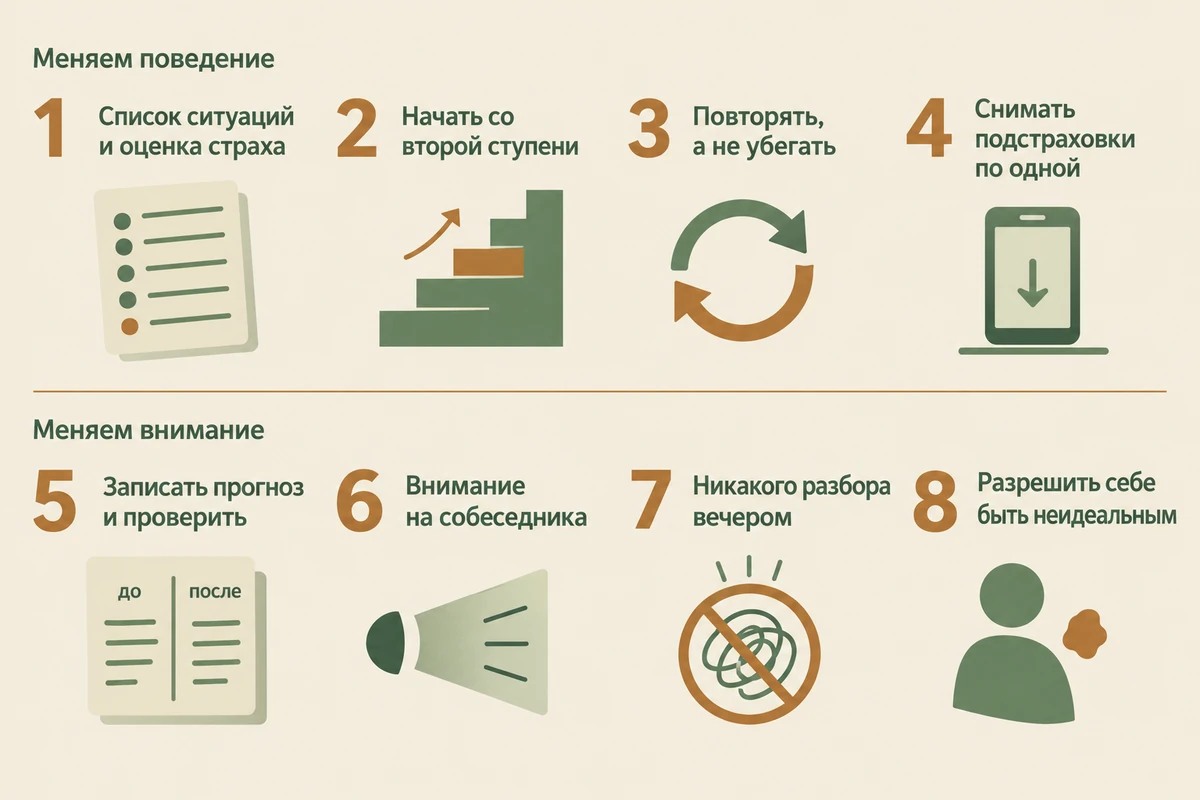 Восемь шагов при социальной тревожности: лестница ситуаций, повторение, отказ от подстраховок, эксперимент с прогнозом, внимание наружу, отказ от разбора после, право быть неидеальным