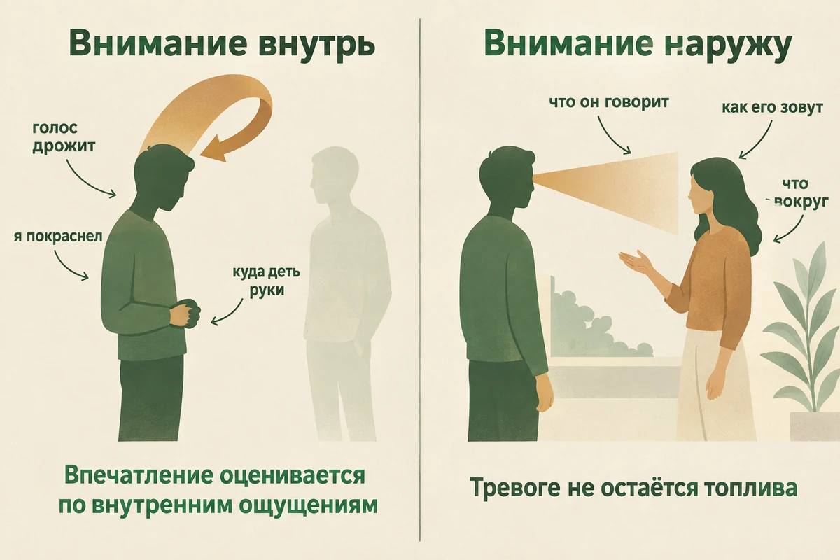 Схема: внимание, направленное внутрь на себя, и внимание, направленное наружу на собеседника