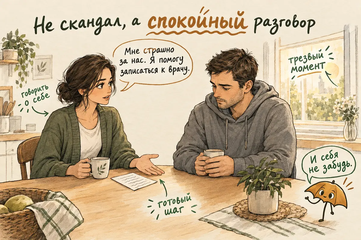 Как помочь зависимому близкому: героиня спокойно разговаривает с ним за кухонным столом утром, на столе листок с телефоном врача