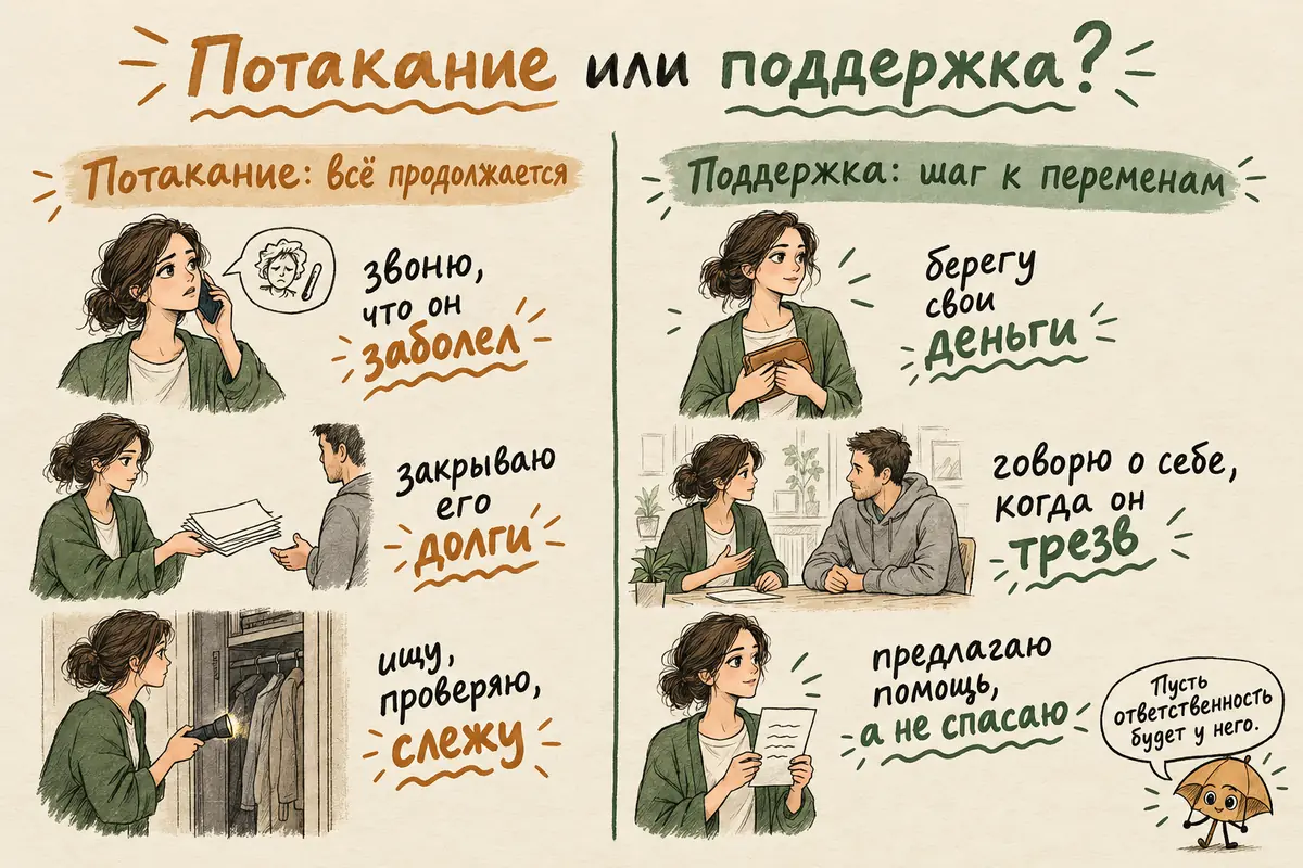 Потакание и поддержка при созависимости: слева героиня закрывает чужие счета и звонит начальнику, справа спокойно говорит с близким за столом и держит свой кошелёк при себе