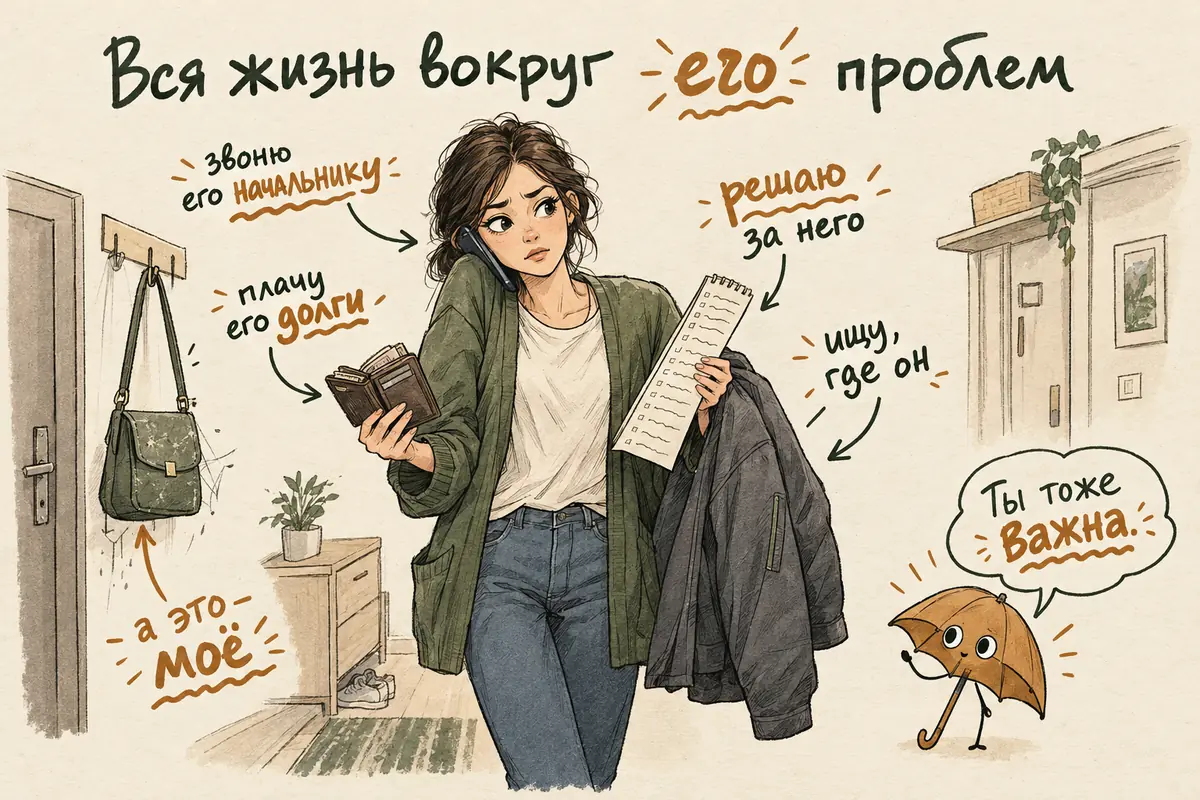 Признаки созависимости: героиня держит в руках сразу телефон, кошелёк, список дел и чужую куртку, а её собственная сумка забыта у двери