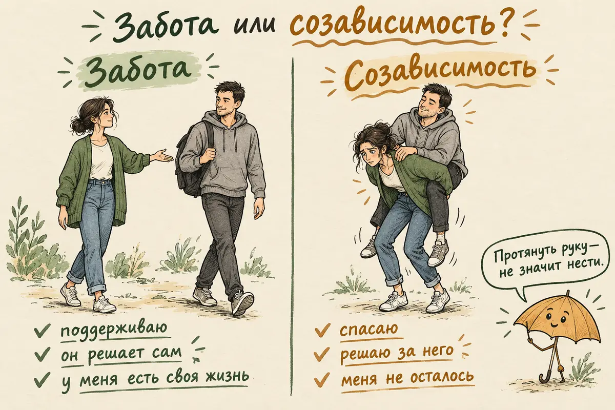 Забота и созависимость: слева героиня протягивает руку человеку и стоит на своих ногах, справа она несёт его на спине и сгибается под тяжестью