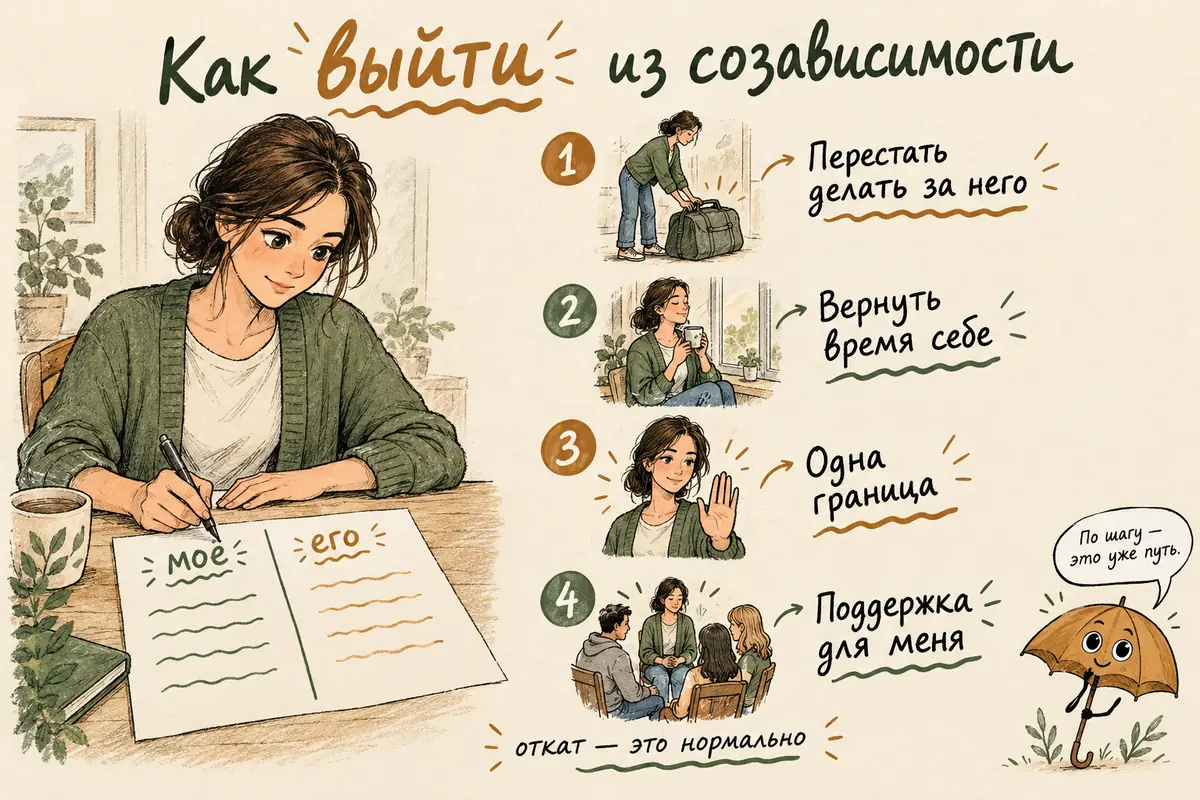 Как выйти из созависимости: героиня делит лист на две колонки — моё и его, отпускает чужие сумки и берёт свою