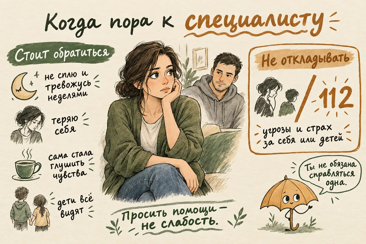 Когда при созависимости нужна помощь специалиста: потеря себя, бессонница и тревога неделями, своя выпивка или успокоительные, угрозы и страх за себя или детей