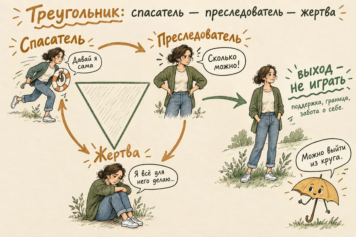 Треугольник Карпмана: спасатель, преследователь и жертва по углам треугольника, стрелки показывают, как роли сменяют друг друга, а за его пределами — выход