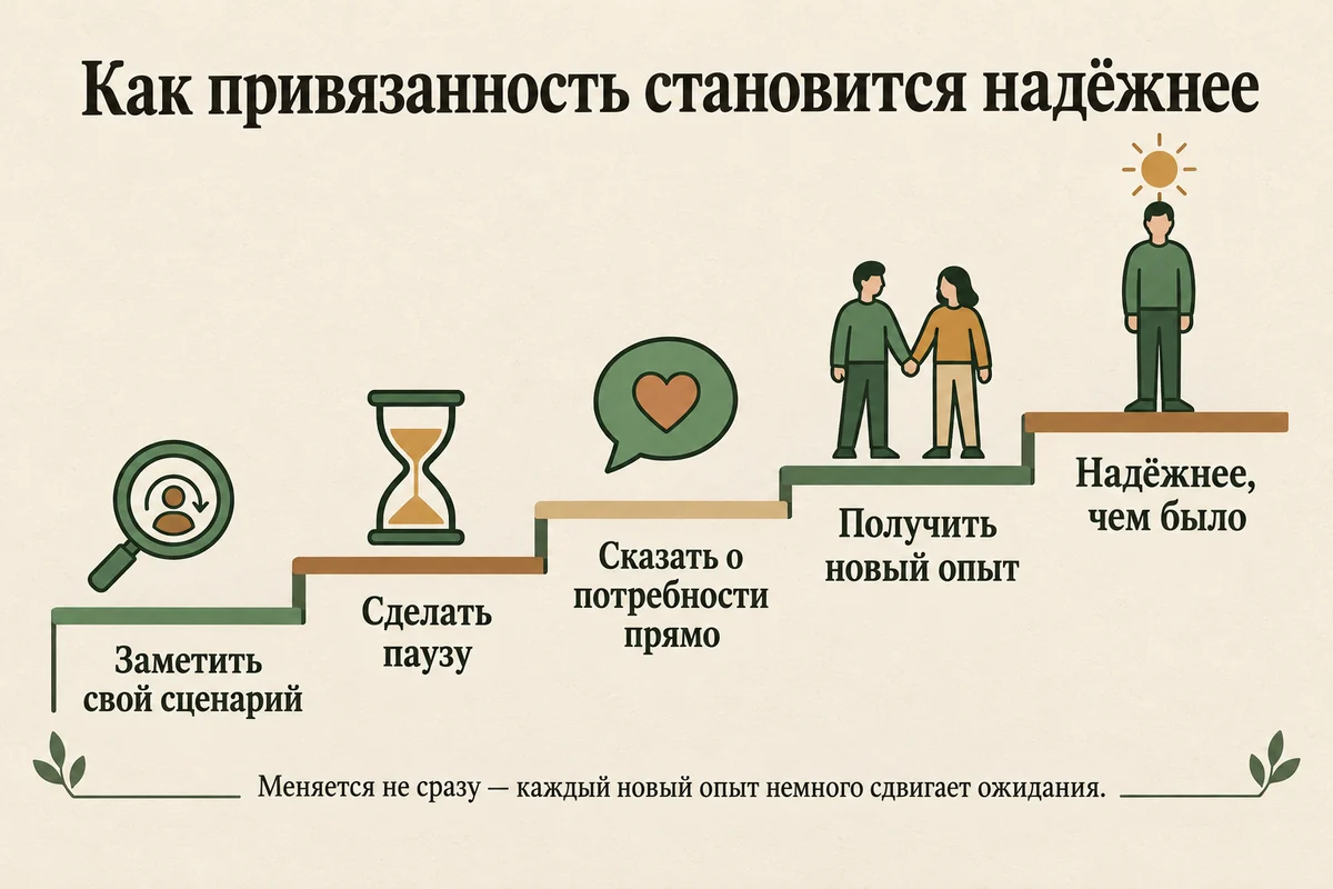 Как изменить тип привязанности: заметить сценарий, сделать паузу, сказать о потребности прямо, получить новый опыт — и постепенно стать надёжнее