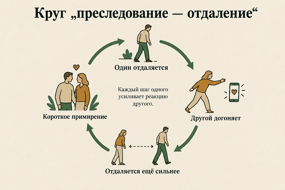 Ловушка тревожного и избегающего типа привязанности: круговая схема — один отдаляется, другой догоняет, первый отдаляется сильнее