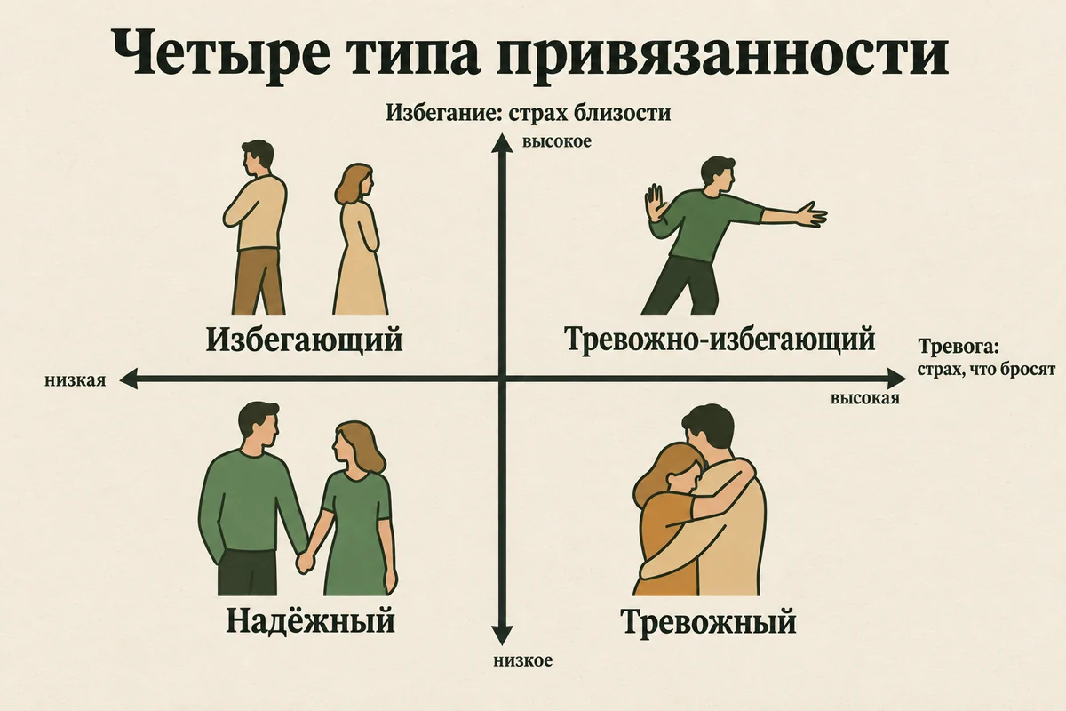 Схема типов привязанности: две оси — тревога и избегание — и четыре типа в углах: надёжный, тревожный, избегающий, тревожно-избегающий