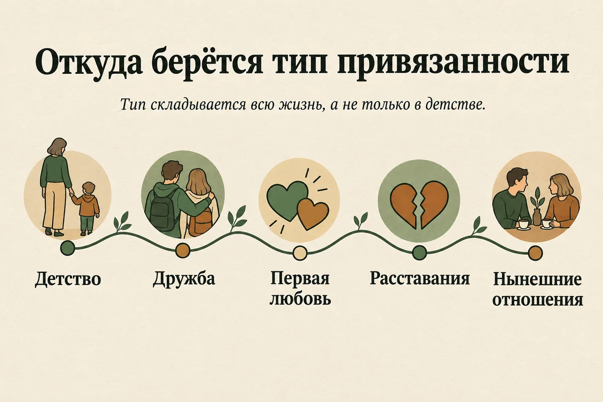 Откуда берётся тип привязанности: детский опыт, отношения с друзьями, первая любовь, расставания и нынешний партнёр — все влияют на тип