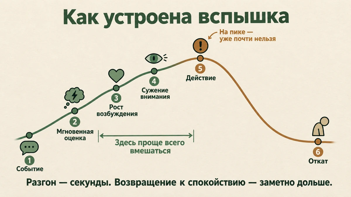 Механика вспышки гнева: событие, мгновенная оценка, рост возбуждения, сужение внимания, действие и откат — и окно, в котором вспышку ещё можно остановить