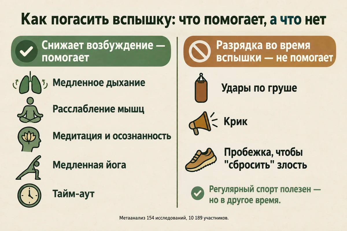 Что помогает снизить возбуждение и что не стоит использовать как разрядку: дыхание, релаксация, медитация и тайм-аут против ударов по груше и крика