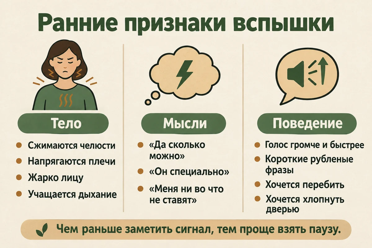 Ранние признаки вспышки гнева: телесные сигналы, мысли-ускорители и изменения в поведении